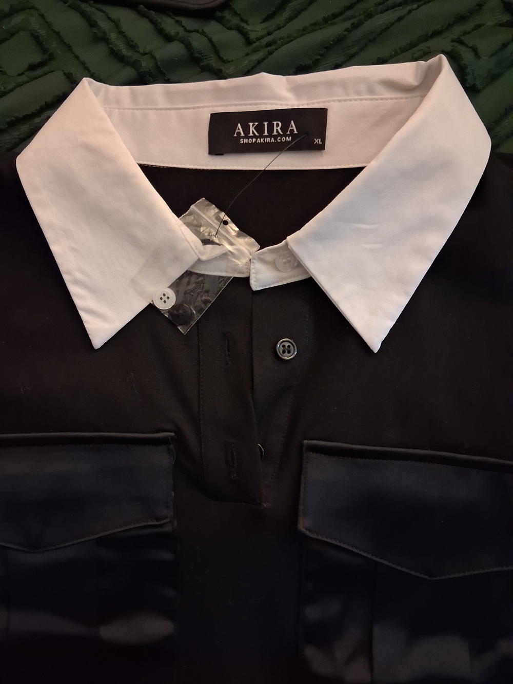 AKIRA Black Cropped Polo Top with White Collar - Picture 2 of 3